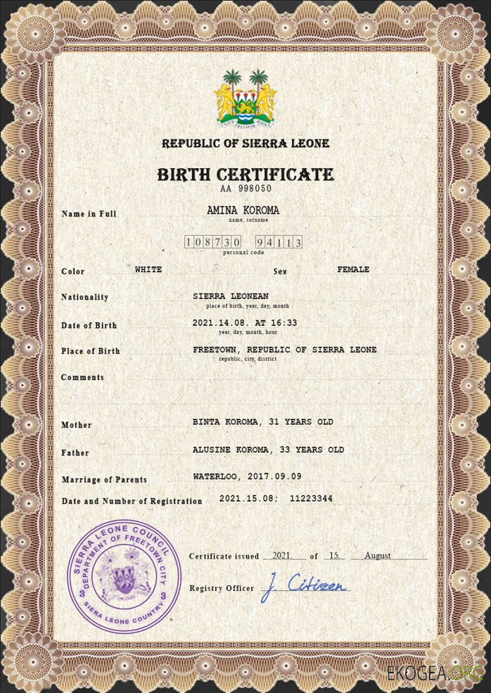 Modèle PSD de certificat de naissance d'état civil de Sierra Leone
